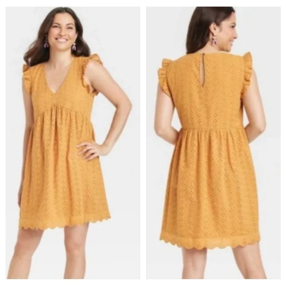 KNOX Rose Flutter Sleeve Yellow Eyelet Ruffle Mini A-line Dress Cottagecore